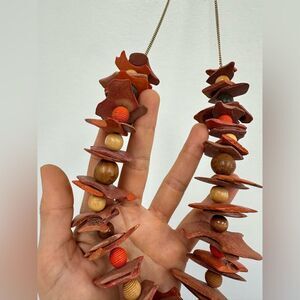 Vintage 70’s Beaded Wooden & Chain Statement Necklace Orange & Brown 30"